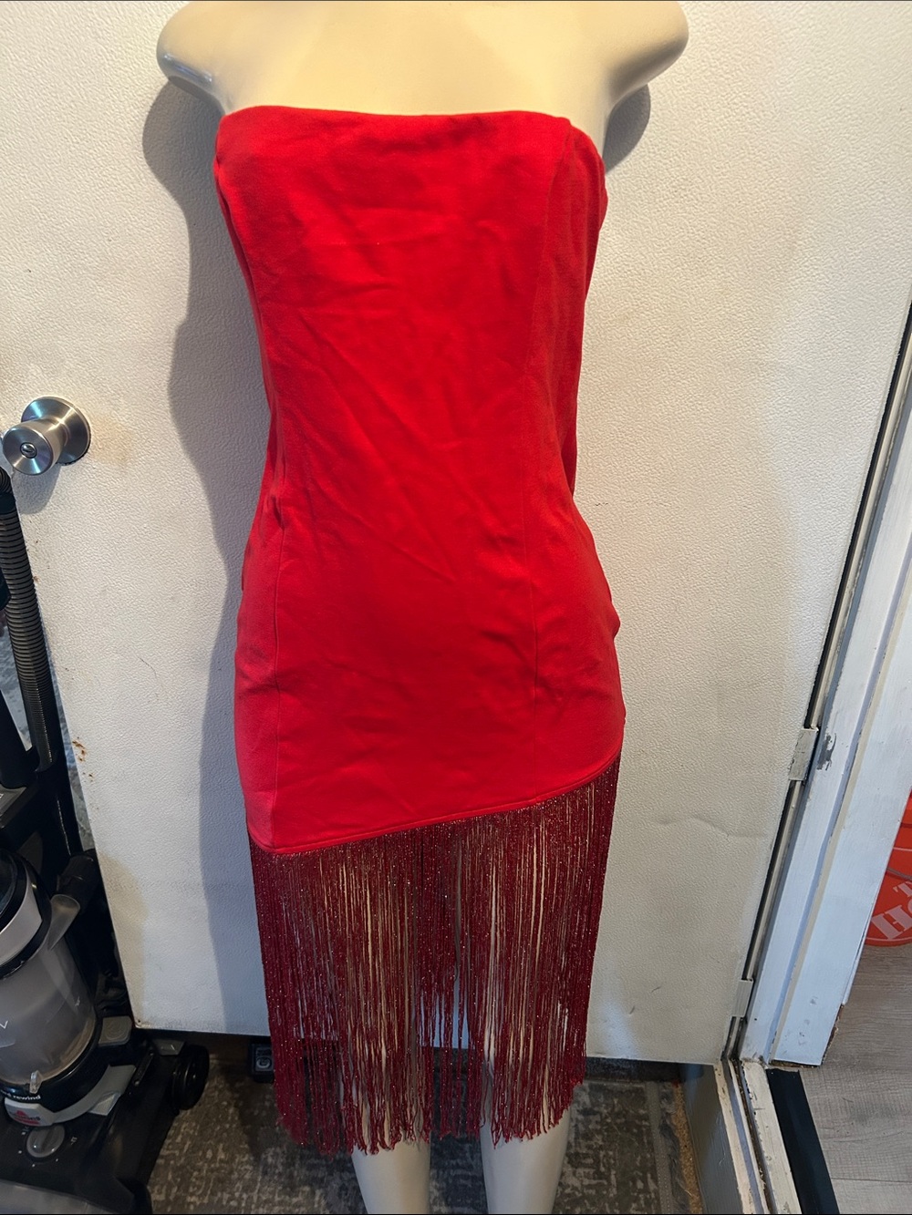 superdown Red Strapless Fringe Hem Dress